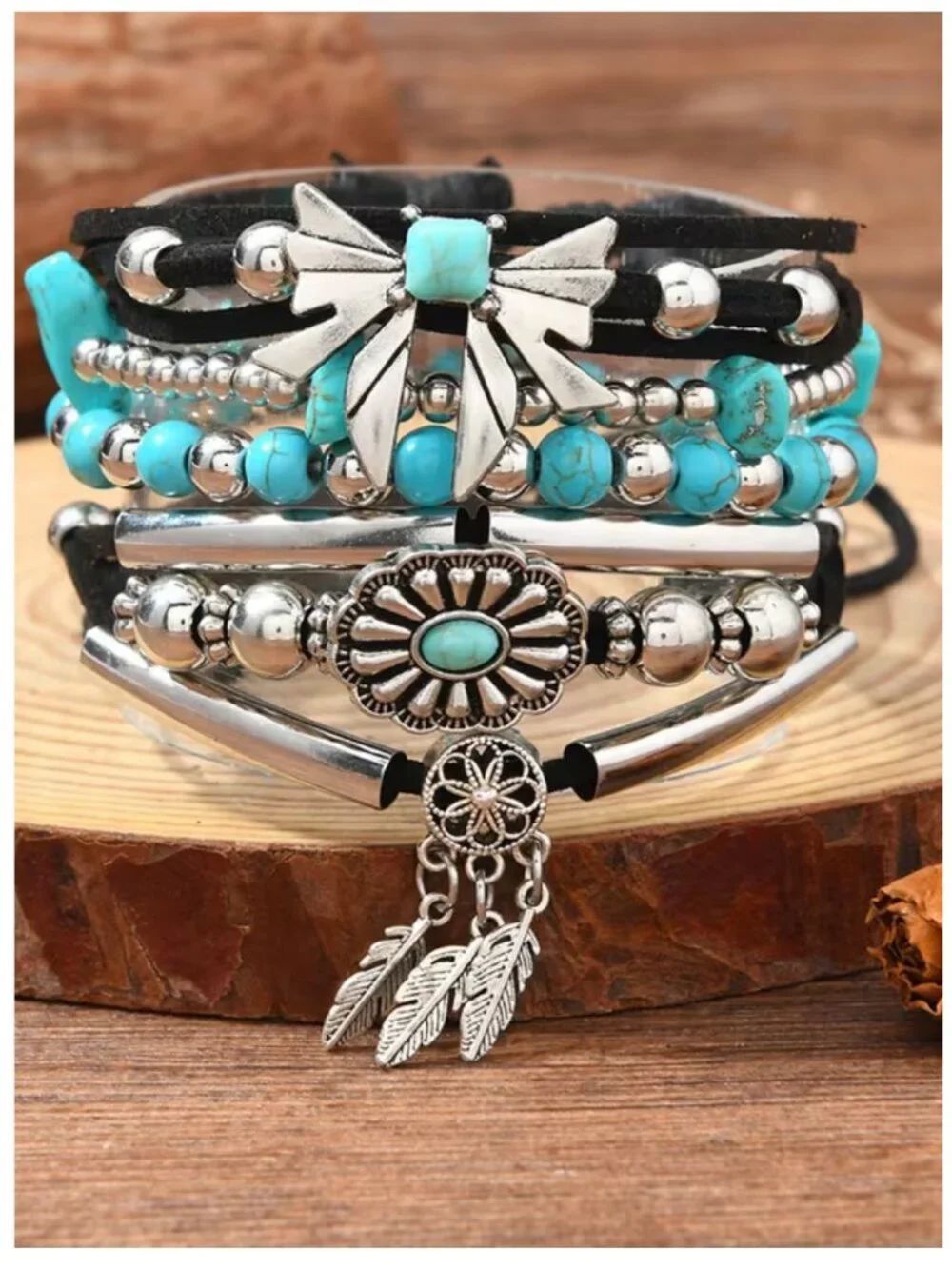 NWT Boho Faux Turquoise Silver Plate Layered Charm Bracelet Stack Western
